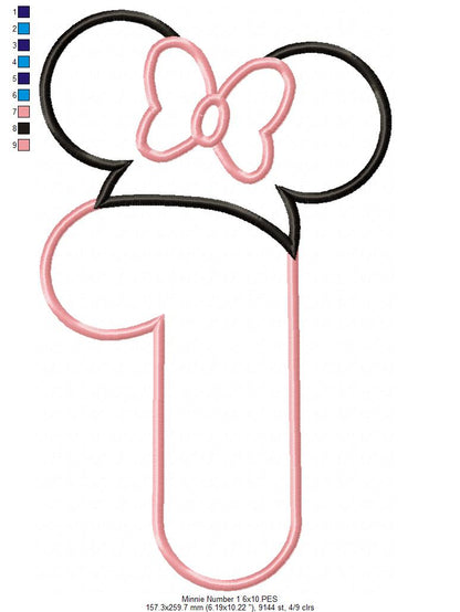 Mouse Ears Girl Hat Number 1 One 1st Birthday - Applique