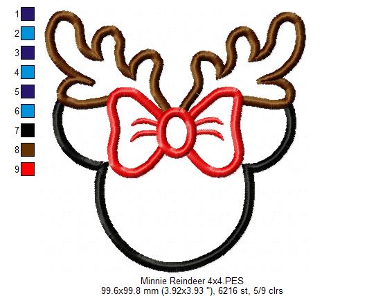 Mouse Ears Girl Reindeer - Applique - Machine Embroidery Design