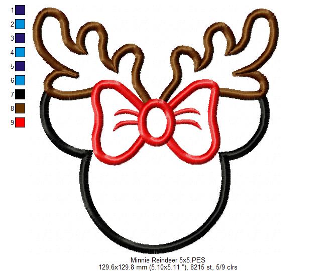 Mouse Ears Girl Reindeer - Applique - Machine Embroidery Design