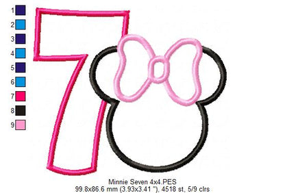 Mouse Ears Girl Number 7 Seven 7th Seventh Birthday Number 7 - Applique