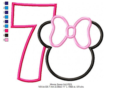 Mouse Ears Girl Number 7 Seven 7th Seventh Birthday Number 7 - Applique