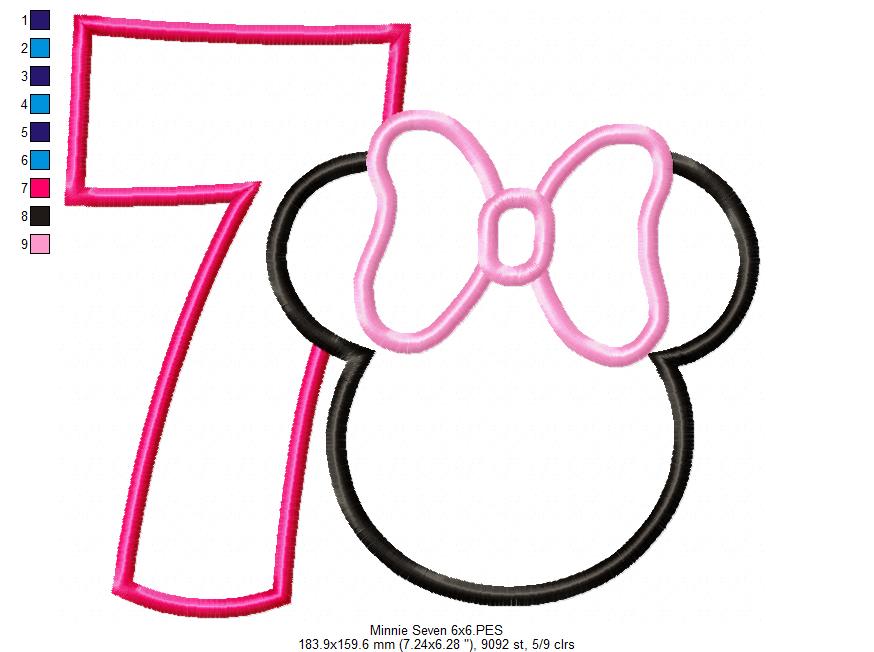 Mouse Ears Girl Number 7 Seven 7th Seventh Birthday Number 7 - Applique