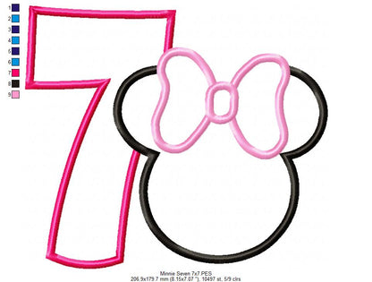 Mouse Ears Girl Number 7 Seven 7th Seventh Birthday Number 7 - Applique