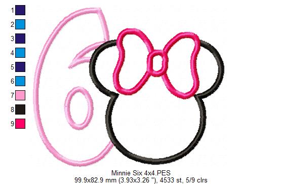 Mouse Ears Girl Number 6 Six 6th Sixth Birthday Number 6 - Applique