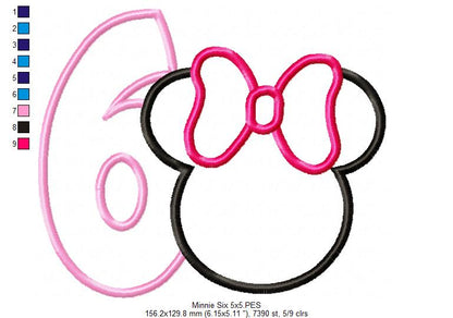 Mouse Ears Girl Number 6 Six 6th Sixth Birthday Number 6 - Applique