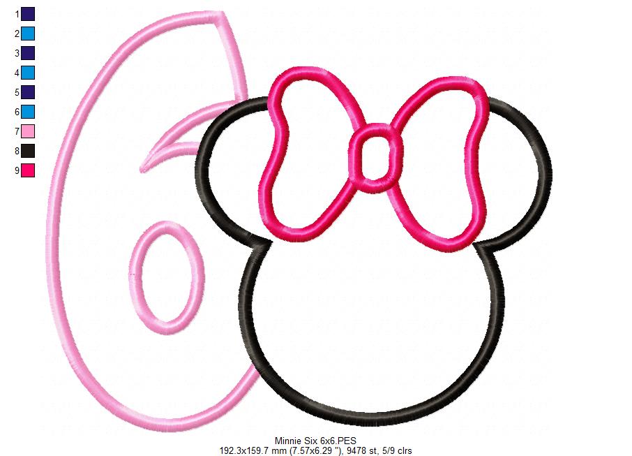 Mouse Ears Girl Number 6 Six 6th Sixth Birthday Number 6 - Applique