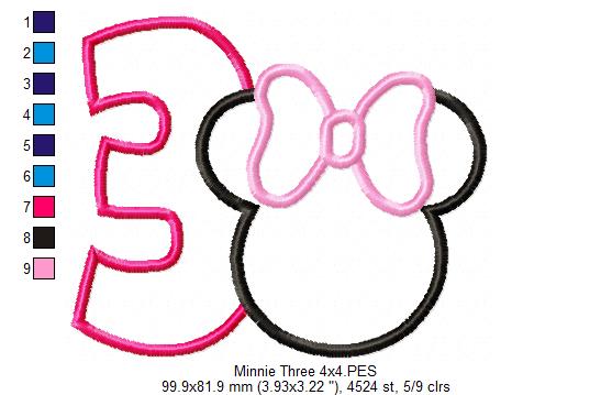 Mouse Ears Girl Number 3 Three 3rd Third Birthday Number 3 - Applique