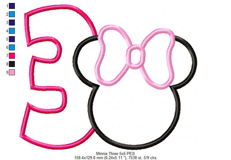 Mouse Ears Girl Number 3 Three 3rd Third Birthday Number 3 - Applique