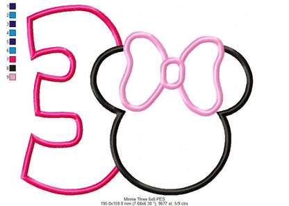 Mouse Ears Girl Number 3 Three 3rd Third Birthday Number 3 - Applique
