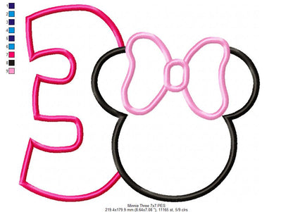 Mouse Ears Girl Number 3 Three 3rd Third Birthday Number 3 - Applique