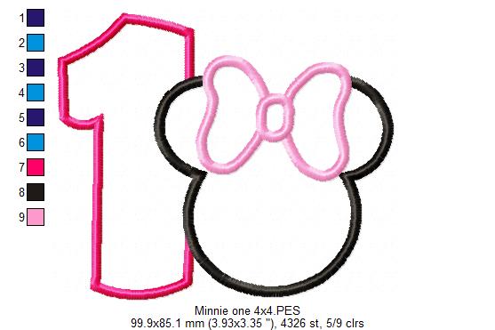 Mouse Ears Girl Number 1 One 1st Birthday - Applique