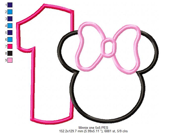 Mouse Ears Girl Number 1 One 1st Birthday - Applique