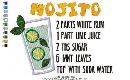 Mojito Recipe - Applique Machine Embroidery Design