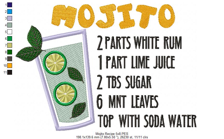 Mojito Recipe - Applique Machine Embroidery Design