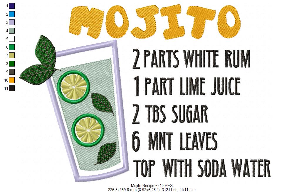Mojito Recipe - Applique Machine Embroidery Design