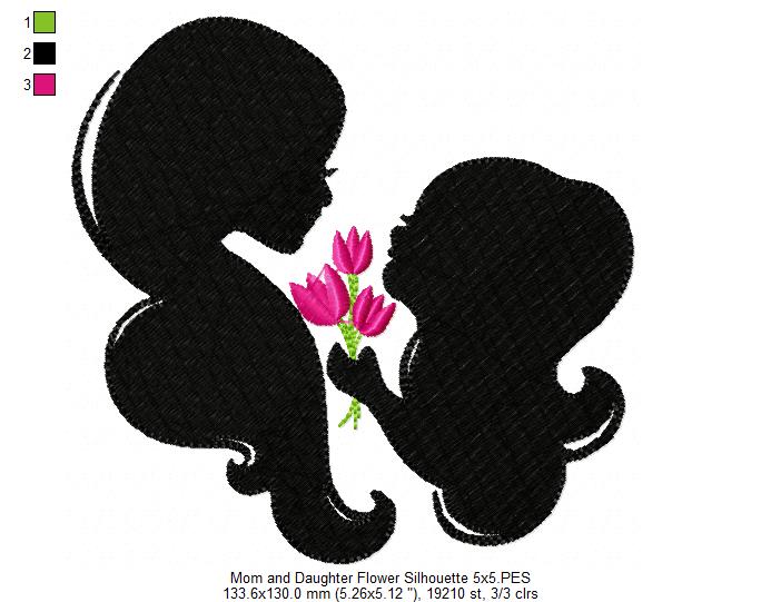 Mom and Daughter with Flower Silhouette - Fill Stitch