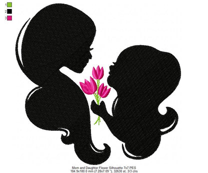 Mom and Daughter with Flower Silhouette - Fill Stitch