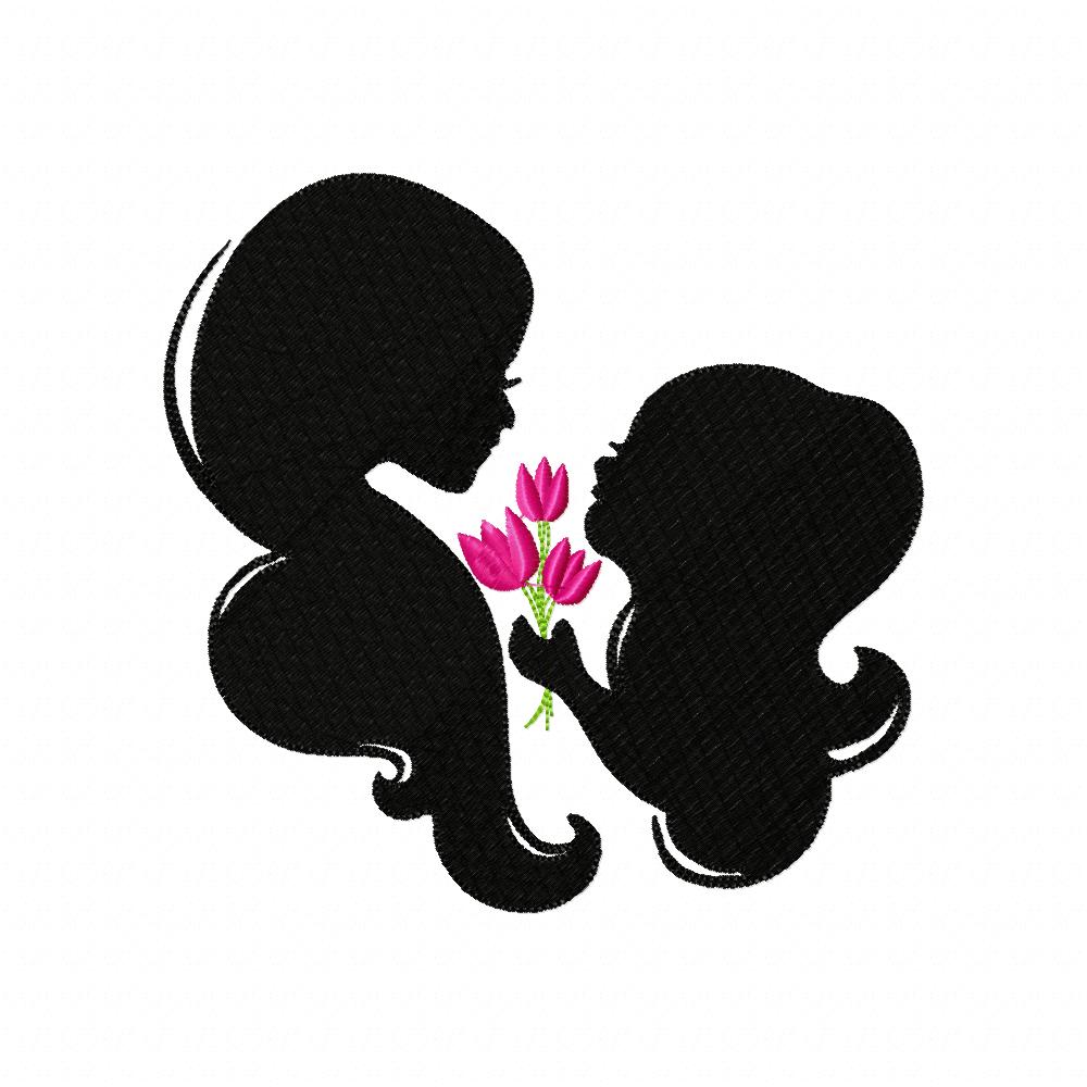 Mom and Daughter with Flower Silhouette - Fill Stitch