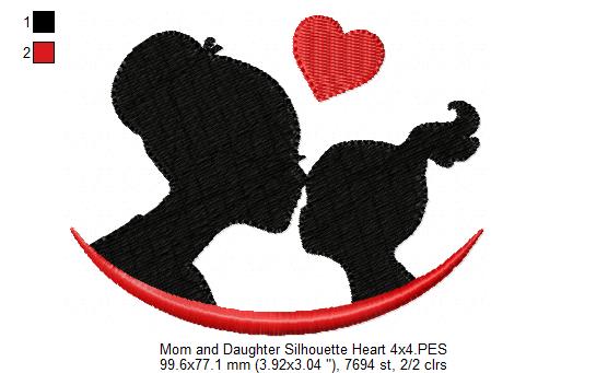 Mom and Daughter Silhouette Heart - Fill Stitch - Machine Embroidery Design