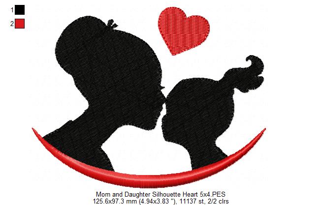 Mom and Daughter Silhouette Heart - Fill Stitch - Machine Embroidery Design