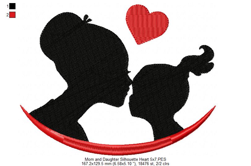 Mom and Daughter Silhouette Heart - Fill Stitch - Machine Embroidery Design