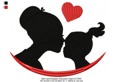 Mom and Daughter Silhouette Heart - Fill Stitch - Machine Embroidery Design