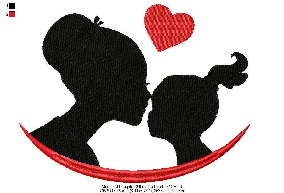 Mom and Daughter Silhouette Heart - Fill Stitch - Machine Embroidery Design