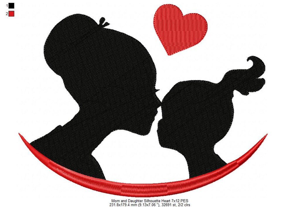 Mom and Daughter Silhouette Heart - Fill Stitch - Machine Embroidery Design