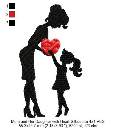 Mom and Daughter with Heart Silhouette - Fill Stitch