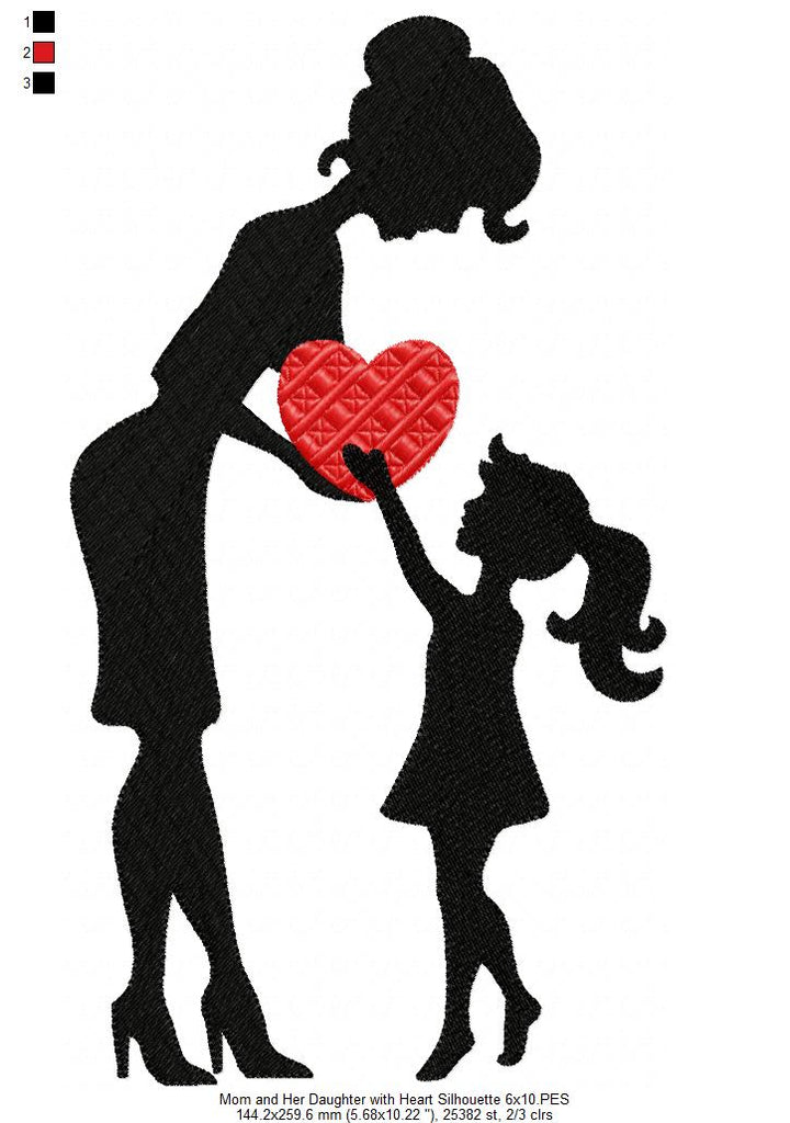 Mom and Daughter with Heart Silhouette - Fill Stitch