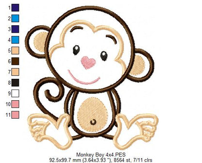 Monkey Boy Smiling - Applique - Machine Embroidery Design