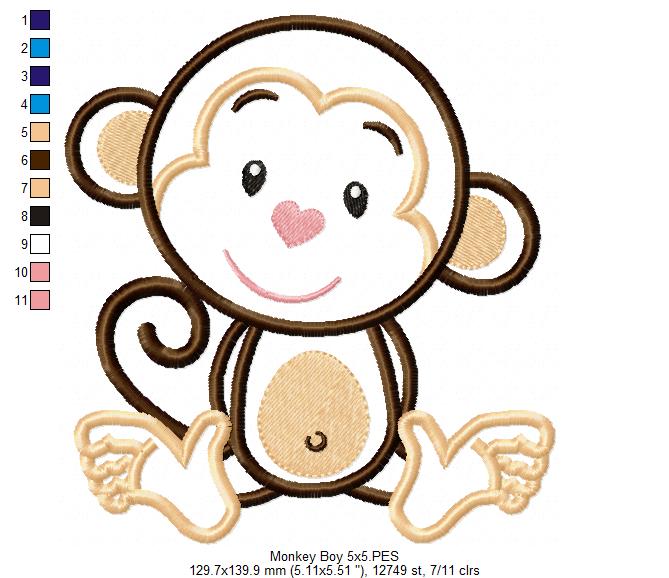 Monkey Boy Smiling - Applique - Machine Embroidery Design