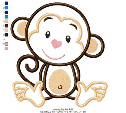 Monkey Boy Smiling - Applique - Machine Embroidery Design