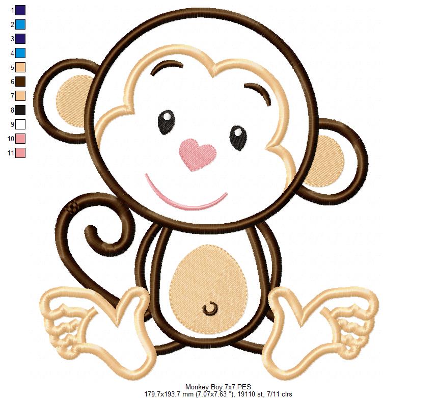 Monkey Boy Smiling - Applique - Machine Embroidery Design