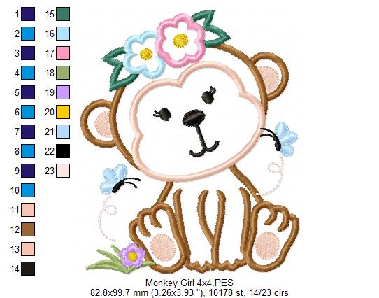 Monkey Girl - Applique - Machine Embroidery Design