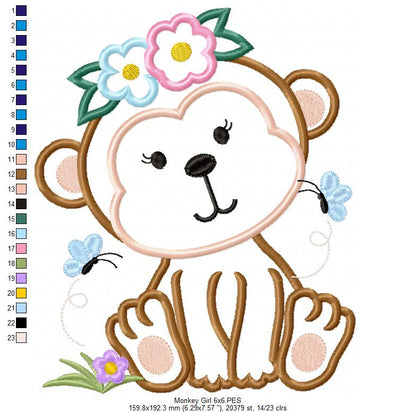 Monkey Girl - Applique - Machine Embroidery Design