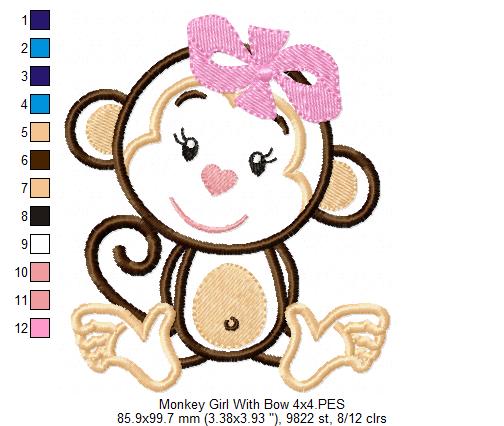 Monkey Girl with Bow - Applique - Machine Embroidery Design
