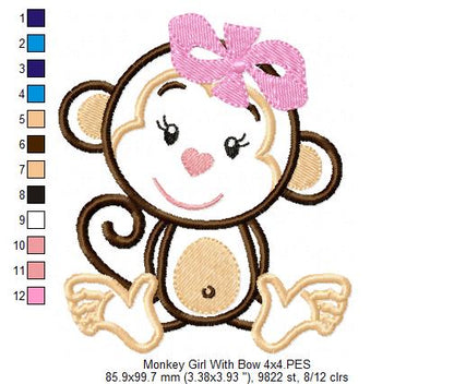 Monkey Girl with Bow - Applique - Machine Embroidery Design