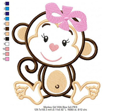 Monkey Girl with Bow - Applique - Machine Embroidery Design