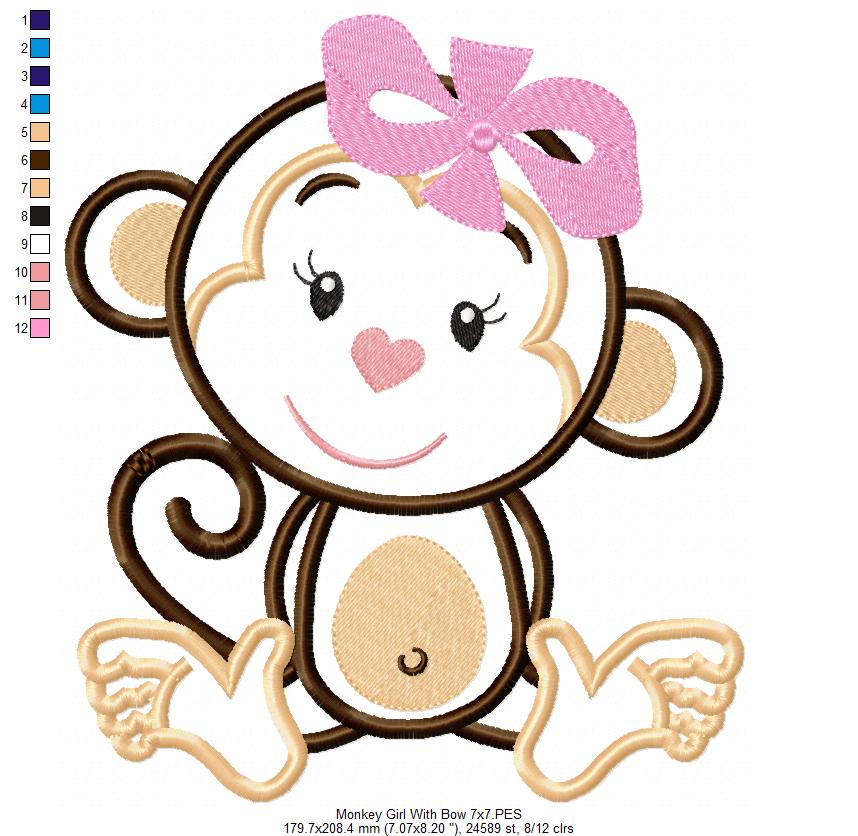 Monkey Girl with Bow - Applique - Machine Embroidery Design