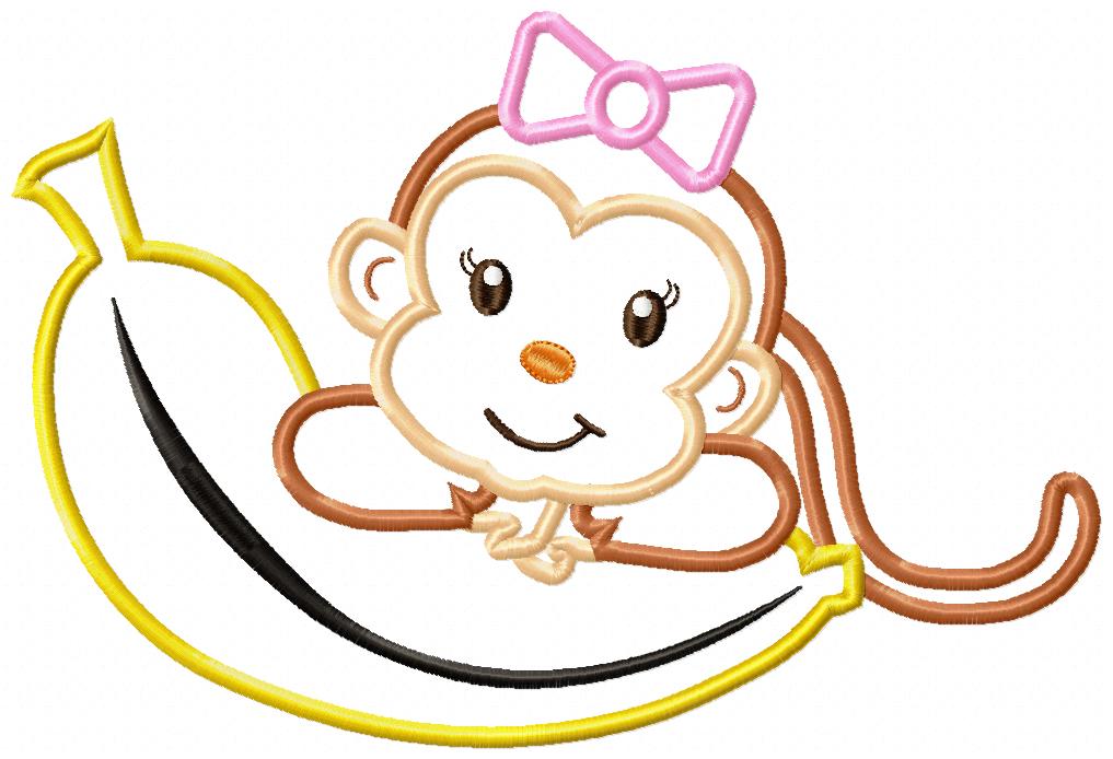 Monkey Girl on Banana – Applique Stitch – Machine Embroidery Design