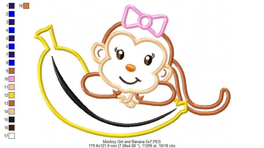 Monkey Girl on Banana – Applique Stitch – Machine Embroidery Design