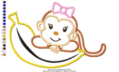 Monkey Girl on Banana – Applique Stitch – Machine Embroidery Design