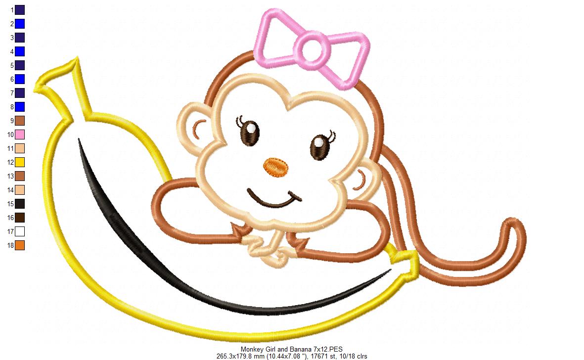 Monkey Girl on Banana – Applique Stitch – Machine Embroidery Design