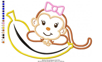 Monkey Girl on Banana – Applique Stitch – Machine Embroidery Design