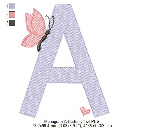 Monogram A Letter A Butterfly - Rippled Stitch