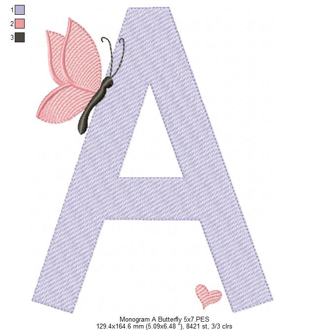 Monogram A Letter A Butterfly - Rippled Stitch