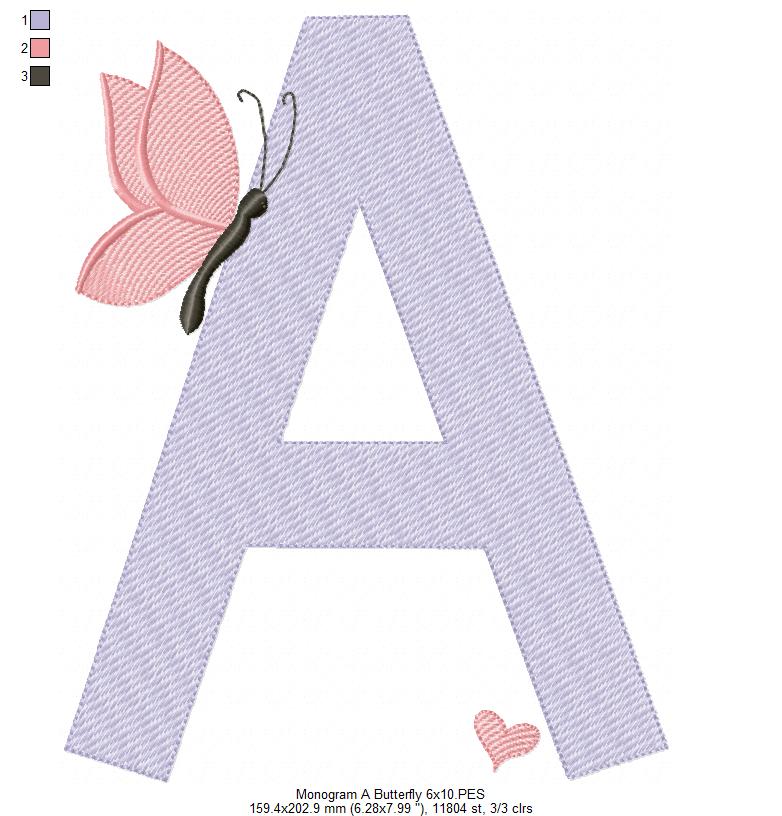 Monogram A Letter A Butterfly - Rippled Stitch