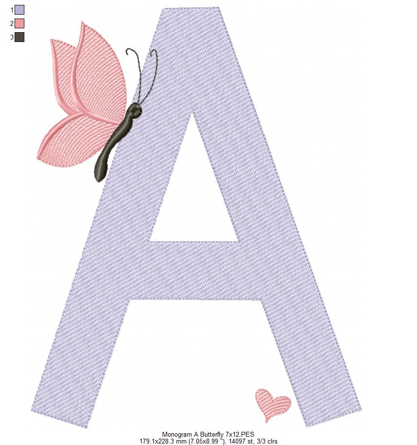 Monogram A Letter A Butterfly - Rippled Stitch