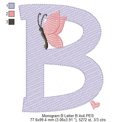 Monogram B Letter B Butterfly - Rippled Stitch